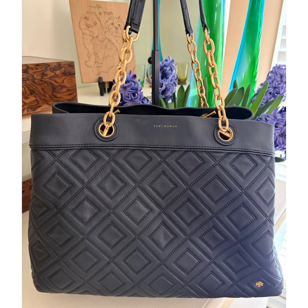 Tory Burch Fleming Quilted Leather Diamond Handbag Black Triple-Compartment Tote - Picture 2 of 14